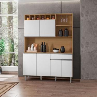 Imagem de Kit de Cozinha Compacta Alice 6 Portas 1 Gaveta em MDF 130CM Amêndoa - Branco