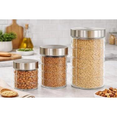 Imagem de Conjunto 3 Potes de Vidro com Tampa Inox Herméticos Porta Mantimentos 