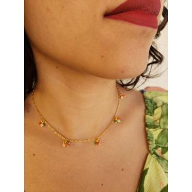 Imagem de Colar shocker com Cachos de Cristais Coloridos Banho em Ouro 18k - Sol