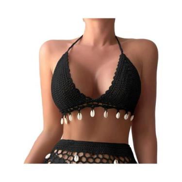 Imagem de Biquíni Feminino De Crochê Artesanal Com Borlas E Detalhes Vazados, Co