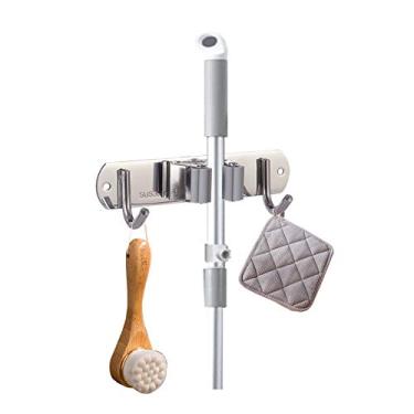 Imagem de Tidysun Suporte para esfregão e vassoura montado na parede, suporte de esfregão de aço inoxidável resistente com 1 pinça e 2 ganchos, suporte para vassoura de esfregão para cozinha, banheiro, garagem, 1 pacote (cinza)