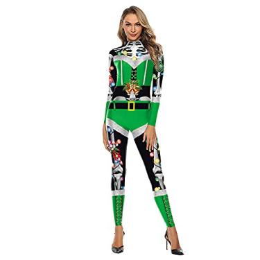 Imagem de Yajun Macacão de Natal feminino cosplay body fantasia decoração festa estampa 3D gola alta plus size Catsuit verde, GG (busto: 94 cm)