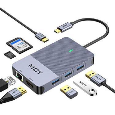 Imagem de USB C Hub, MCY 8-em-1 USB C para Adaptador de Hub Ethernet com 4K USB C para HDMI, portas USB 3.0, porta de carregamento USB C PD, Leitor de Cartão SD