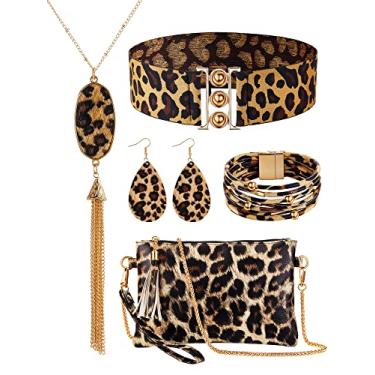 Imagem de Conjunto de joias com 6 peças, estampa de leopardo, brincos de guepardo feminino, colar de couro multicamadas, pulseira de pulso, bolsa transversal, cinto elástico
