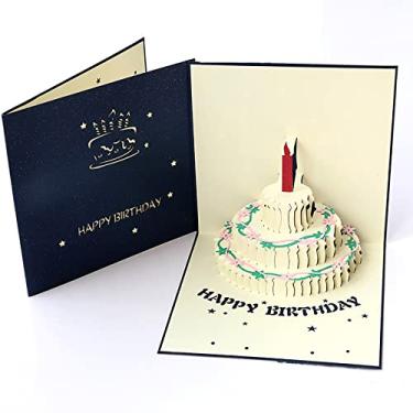 Imagem de Yajun Cartão de bolo de aniversário 3D cartões de bênção dobrados 3 peças oco DIY cartões de felicitações artesanais exclusivos para amigos, família 15 x 15 cm, azul