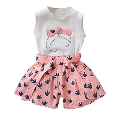 Imagem de Camiseta floral desenho animado arco infantil sem mangas tops + meninas 2 peças conjunto de camiseta infantil roupas roupas de bebê (rosa, 3-4 anos)