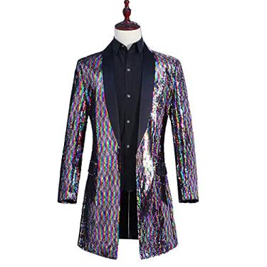 Imagem de Blazer longo de casamento masculino terno de lantejoulas jaqueta roupas de festa casual slim fit casaco de negócios leve primavera poliéster externo, cor, GG (busto: 106 cm)