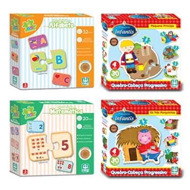 Imagem de Kit 4 Jogos Educativos Madeira Alfabeto Matemática Príncipe 3 Porquinho