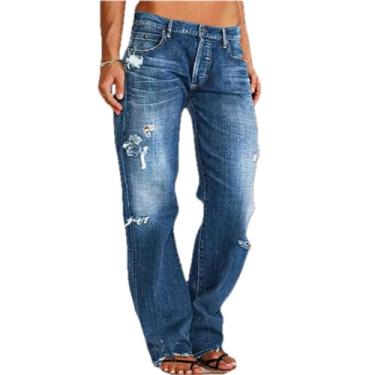 Imagem de Calças jeans calças jeans femininas jeans tendência europeia e americana com cintura rasgada e calças casuais de perna reta, Azul escuro, XX-Large-3X-Large