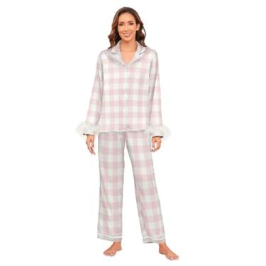 Imagem de GuoChe Conjunto de pijama feminino de cetim macio de manga comprida com punho de penas de seda, pijamas de despedida de solteira para mulheres P Tartan rosa xadrez, Xadrez de búfalo