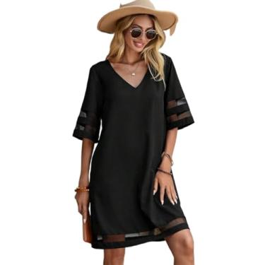 Imagem de Camisa Feminina Solid V Neck Contrast Mesh Tunic Dress (Color : Black, Size : XL)