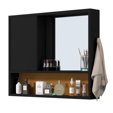 Imagem de Espelheira Armario de banheiro com espelho Aereo com espelho Amon Branco - Espelheira com Porta com espelho e porta Escovas de Dentes mais Prateleiras em Diversas cores (PRETO NATURE)