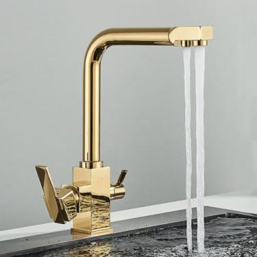 Imagem de Filtro torneira da cozinha cromo beber água pura torneira da cozinha deck montado alças duplas 3 maneiras misturador de água quente e fria, dourado b, 1