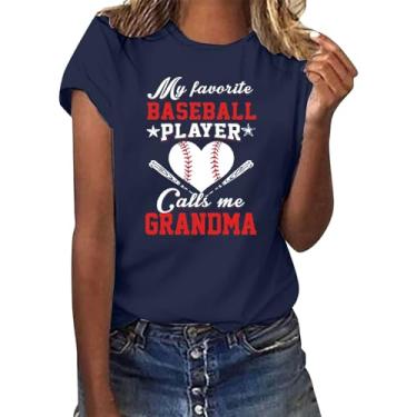 Imagem de Camiseta feminina de beisebol PKDong My Favorite Baseball Player Calls Me Grandma, manga curta, gola redonda, estampa engraçada, Azul marino, GG