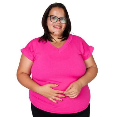 Imagem de Camiseta Básica Feminina Moda Evangélica Malha Rosa Gola V Plus Size R