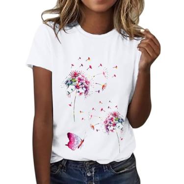 Imagem de Camiseta feminina, manga curta, gola redonda, estampa de dente-de-leão, túnica folgada, roupas de treino de verão, Y1-branco, G