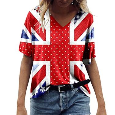 Imagem de Camiseta feminina com bandeira dos EUA Dia da Independência, blusas de 4 de julho, gola V, manga curta, túnica, camiseta de verão, Vermelho, G