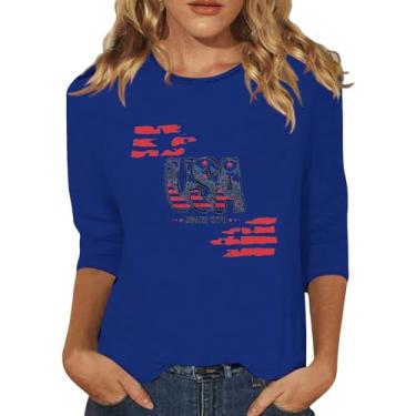 Imagem de Camisetas femininas 4th of July Star Stripes USA Festival Blusa manga 3/4 bandeira americana moda verão 2024, Azul escuro, G