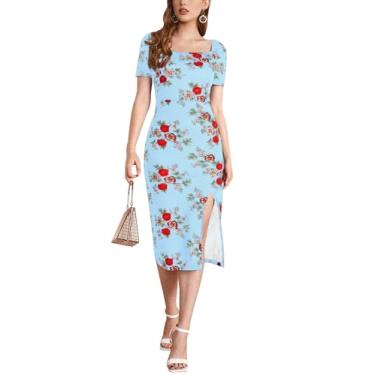 Imagem de Relipop Vestido feminino floral slim midi manga curta gola quadrada vestido coquetel vestido casual de verão vestidos semi formais, multicor, XXG