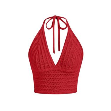 Imagem de MakeMeChic Camiseta feminina de crochê cropped com laço nas costas, caimento justo, sem mangas, boho, tricotada, frente única, Vermelho, PP