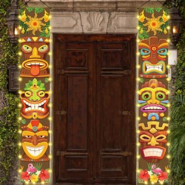 Imagem de OuMuaMua Artigos de decoração de festa havaiana Luau - 1 peça dístico havaiano com luzes para decorações de festa de aniversário Aloha Hawaii Luau Tropical Moana, decorações Tiki ao ar livre