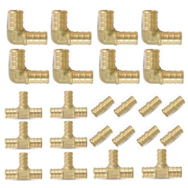 Imagem de GUOFIS (pacote com 24) Conexões PEX de 1/5.1 cm, cotovelo de 90 graus (8 peças) + T (8 peças) + acoplamento reto (8 peças), combo de encaixe de crimpagem de latão Pex para conexão de tubo PEX, ASTM