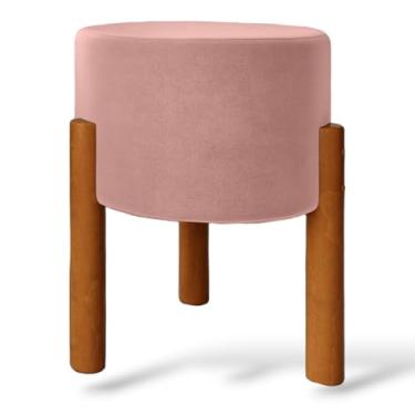 Imagem de Puf VELUDO ROSA Banco Banqueta Penteadeira PUFF Thor Decorativo redondo-Pés Madeira maciça 45cmx35cm.
