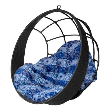 Imagem de Cadeira Balanço Ninho Suspenso De Fibra C- Almofada Impermeável Preto-azul Ladrilho