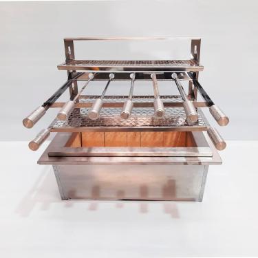 Imagem de Kit Braseiro Inox Tijolo Refratário Suporte Flutuante 52x34 Com Grelhas e espetos, Aço Inox
