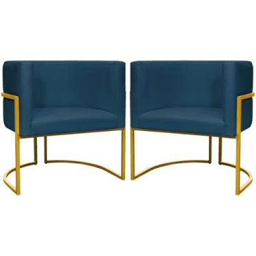 Imagem de Kit 2 Poltronas Decorativa Para Sala Cadeira Recepção Luna Suede Azul Marinho Base Dourada