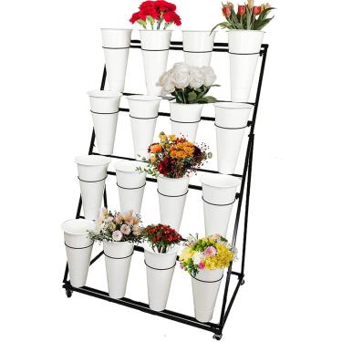 Imagem de Suporte de exibição de flores em escada com baldes, suporte para plantas rolantes sobre rodas, prateleira interna para carrinho de flores ao ar livre para florista, jardim, pátio, balde bran