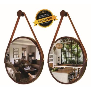 Imagem de Kit 2 Espelhos Redondo Decorativo Suspenso Alça 60cm + suporte Marrom 