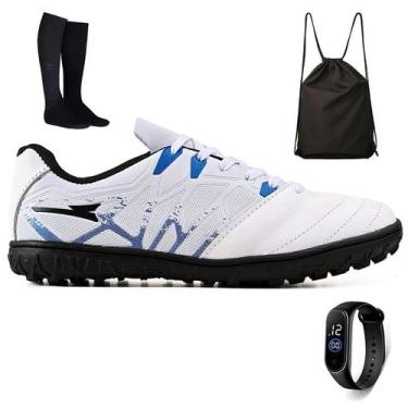 Imagem de Kit Chuteira Futebol Society Bico de Couro + Mochila + Meião e Relogio