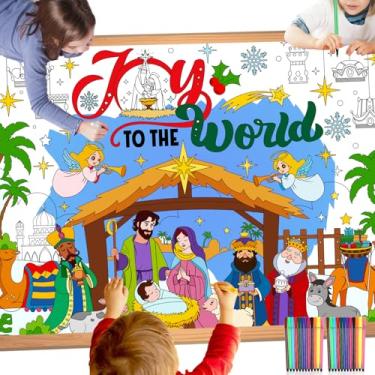 Imagem de HOWAF Pôster de colorir de Natal Joy to The World com 24 peças de canetas de tinta, presépio jumbo papel para colorir, toalha de mesa religiosa para colorir de Natal, lembrancinhas de festa de Natal,