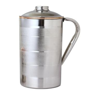 Imagem de HealthGoodsIn - Jarra de aço inoxidável e cobre com tampa | Jarro de designer de cobre puro e aço inoxidável resistente com tampa combinando | Jarra de aço e cobre com design de anel exclusivo