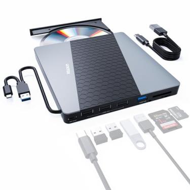 Imagem de Unitek Unidade externa de CD DVD USB C 6 em 1 Leitor de DVD portátil com leitor de cartão, 3 portas USB, gravador de CD, unidade de disco externa, compatível com laptop, desktop, Mac, Windows 11/10/8