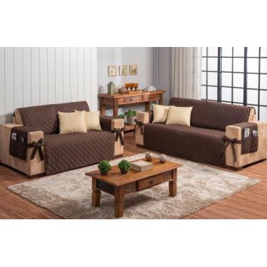 Imagem de kit jogo para sofá 2 e 3 lugares marrom com 4 almofadas matelada caqui