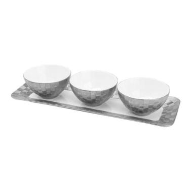 Imagem de Conjunto Com 3 Petisqueiras Porcelana E Bandeja Vera Silver 35X12x2cm