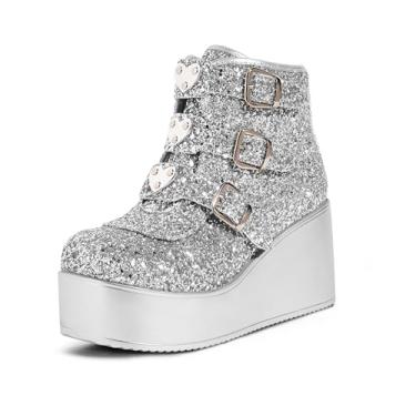 Imagem de LUCKY STEP Botas femininas de cano curto com plataforma – bico redondo com zíper anabela salto alto fivela sola grossa botas góticas, Glitter prateado, 8