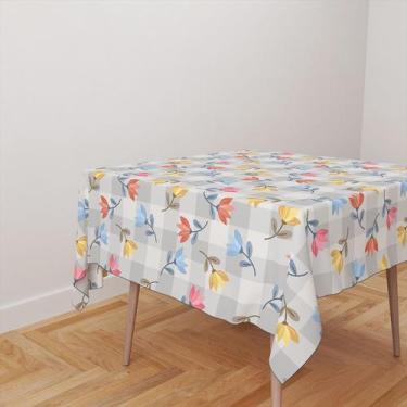 Imagem de Toalha De Mesa Quadrada 4 Lugares Tecido Oxford Xadrez Cinza Floral TL