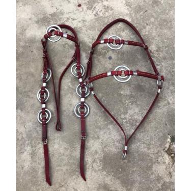 Imagem de Cabeçada Mais Bursal Cabresto Argolado Cavalos Vermelho Couro - AF COU
