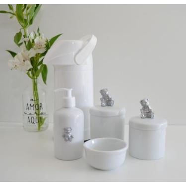 Imagem de kit Higiene Bebê Potes K021 Cotonete Prata Algodão Limpeza Porcelana M