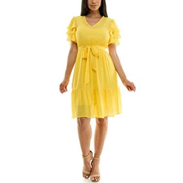 Imagem de Nanette Nanette Lepore Vestido feminino com textura caribenha com cinto e manga esvoaçante em camadas, Limoncello, 46