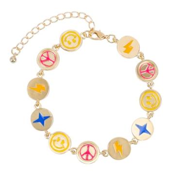 Imagem de Pulseira Smiley Masculina Groovy Boho Hippie Rosto Feliz Sorriso Preepy Stuff Pulseira de Amizade Hiphop Banhado a Ouro Boêmio Rosto Sorridente Pulseira Sinal de Paz para Meninos Joias Groovy,