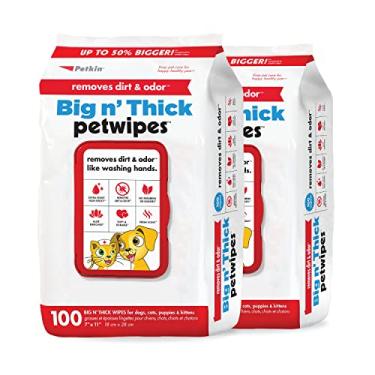 Imagem de Petkin Lenços umedecidos para cães e gatos – 200 lenços grandes – Remove sujeira e odor – Limpa orelhas, rosto, bumbum, área dos olhos – conveniente para casa ou viagem – 2 pacotes
