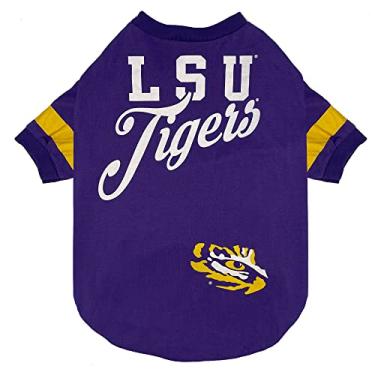 Imagem de Pets First Camiseta NCAA LSU Tigers para cães e gatos, camiseta pequena de futebol/basquete para fãs do time NCAA da faculdade, design listrado moderno, cor do time, LSU-4146-SM