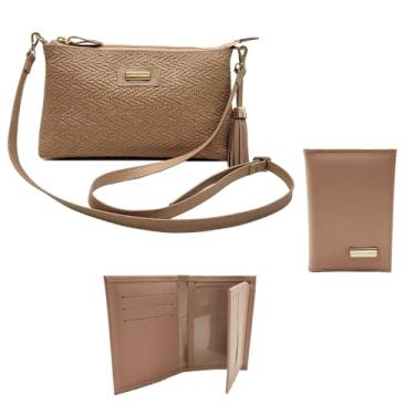 Imagem de Kit Bolsa Feminina Transversal Couro Porta Documentos Couro Premium (Rosê Palha)