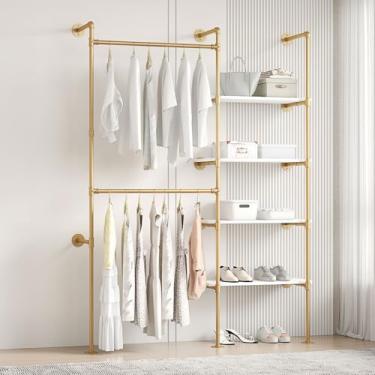 Imagem de Woskar Rack de roupas de cano industrial, varões de pendurar com prateleiras, suporte para guarda-roupa, sistema de armário de canto para armários (dourado, II-4 níveis)