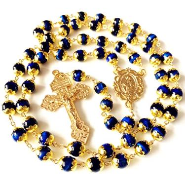 Imagem de elegantmedical Feito à mão olho de tigre contas de oração católico colar de rosário caixa de presente crucifixo italiano ouro, 23", Metal, Ágata