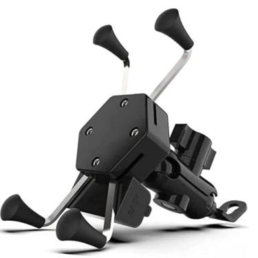 Imagem de Suporte Universal de Celular Para Moto Espelho Retrovisor Tipo Garra Aranha X Com Carregador 2.4A USB Resistente Ideal Para Motoboy, Ifood, MotoUber